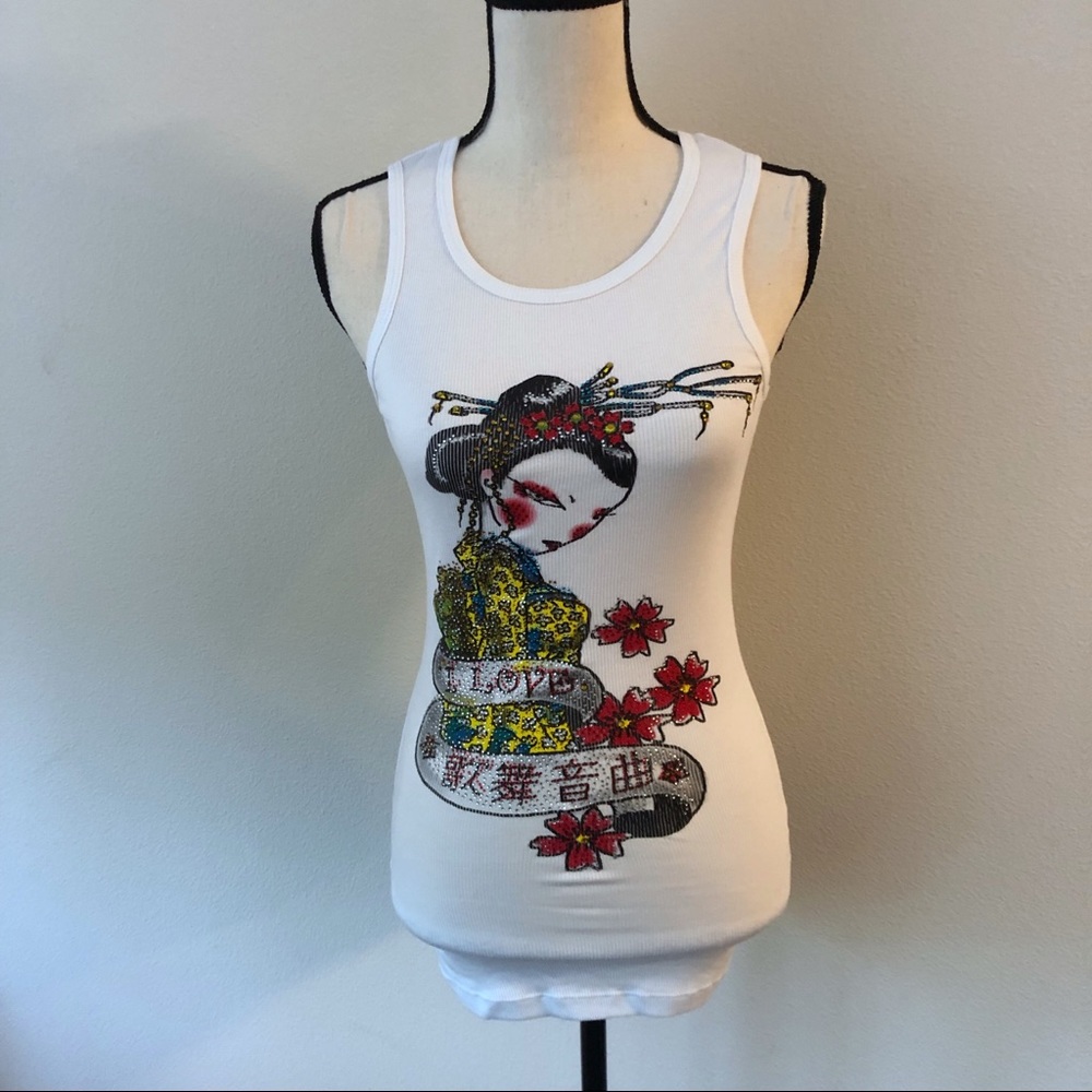 White Tank Top with Geisha